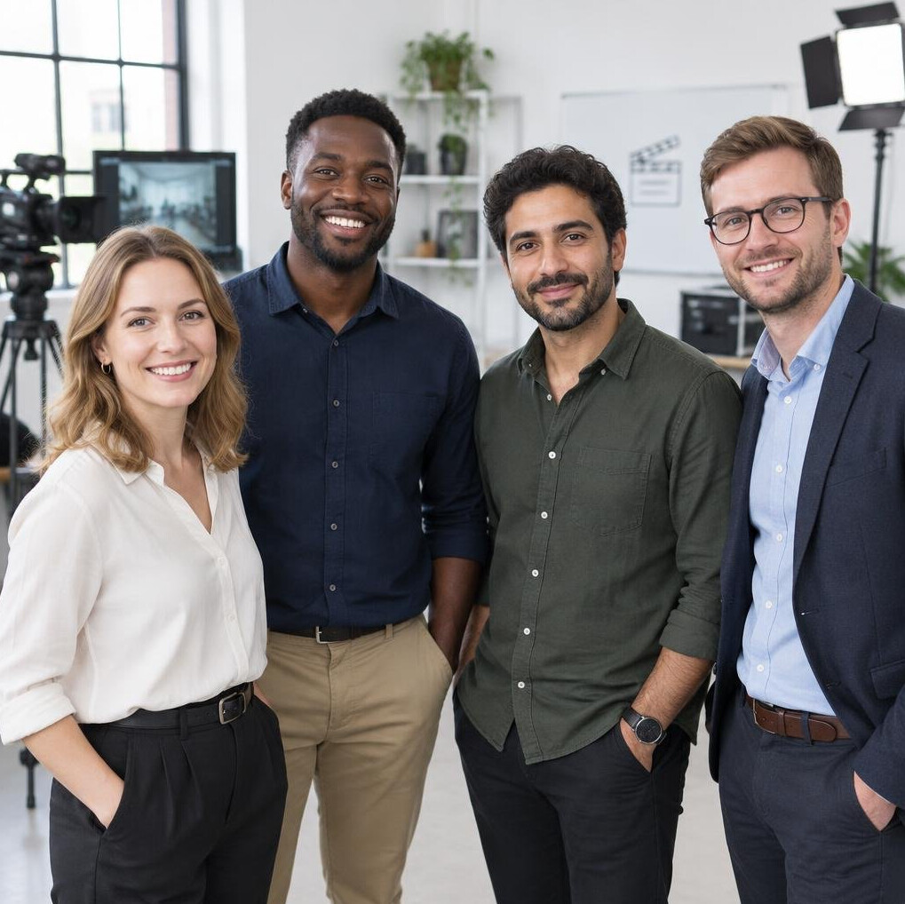 Diverse video production team posing together in a studio