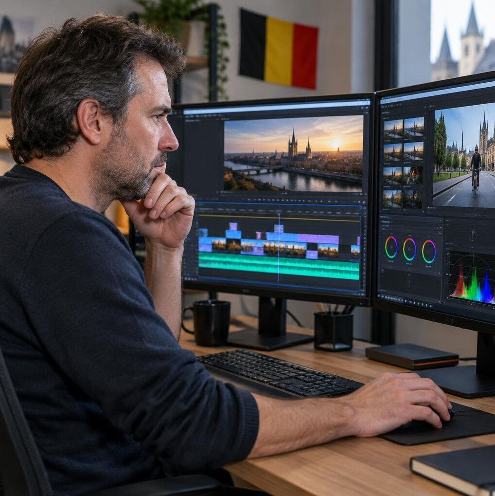 Editor working on a video timeline at a desk