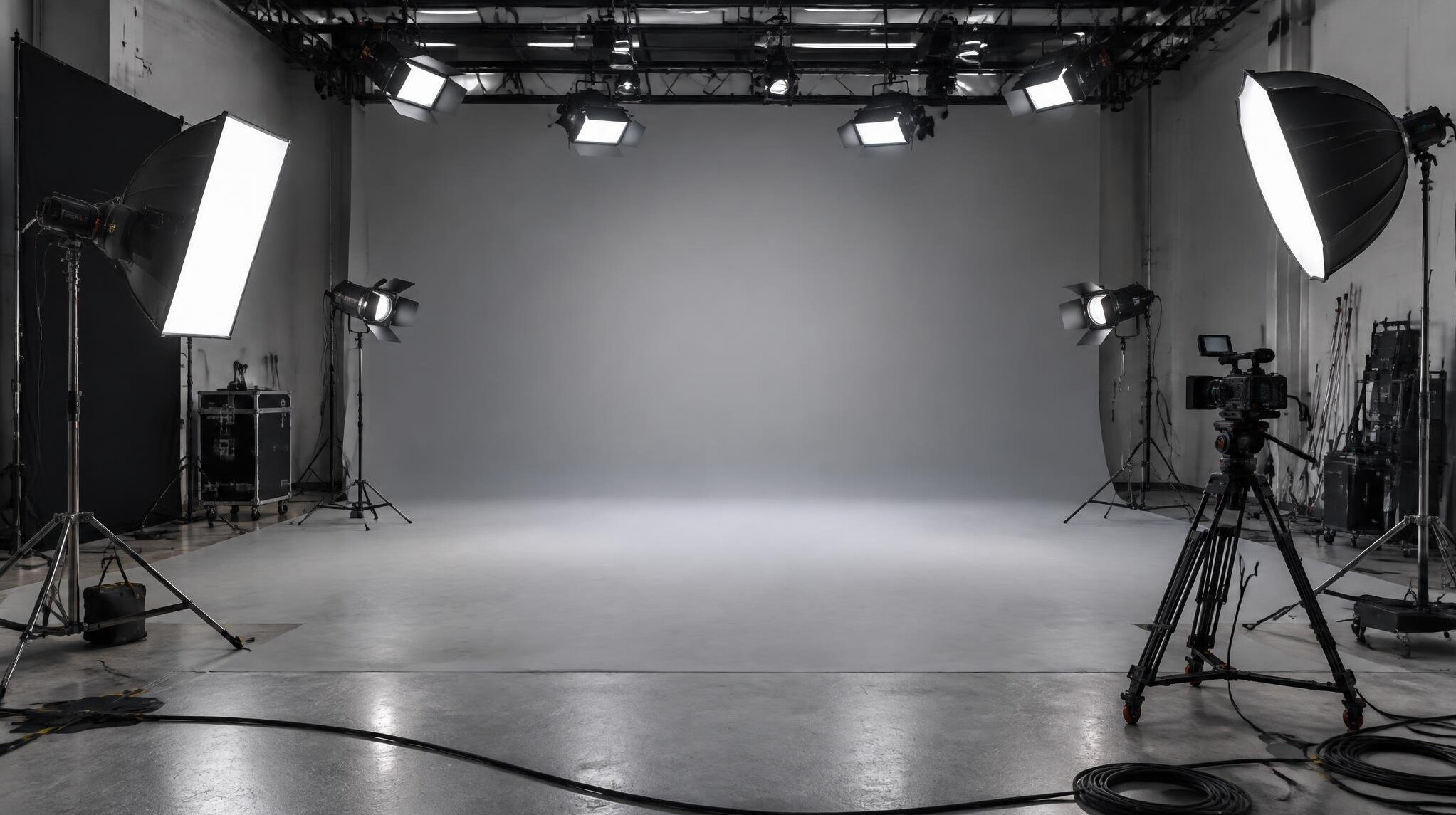 Wide shot of a studio set with lighting rigs and backdrop