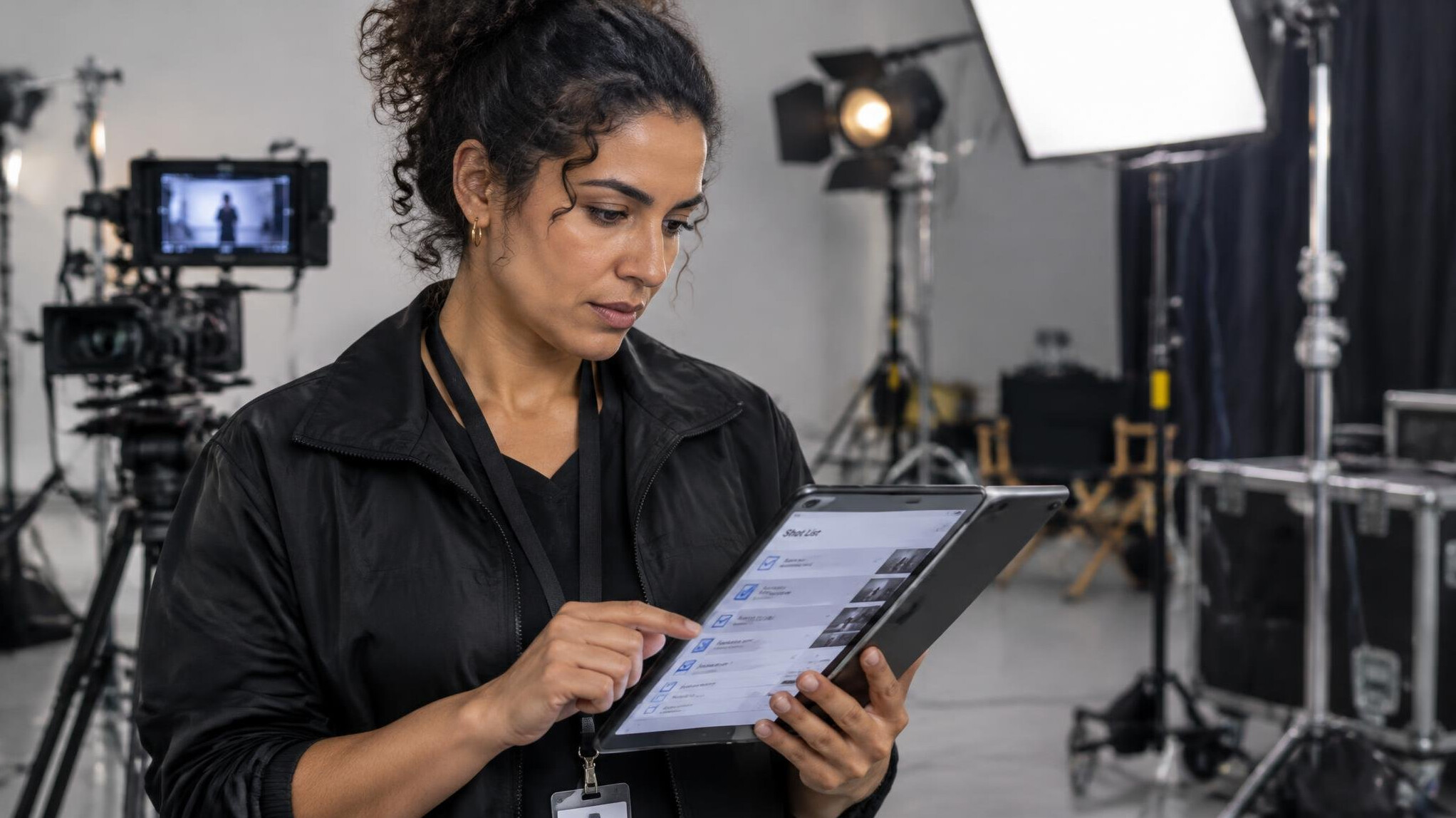 Production coordinator reviewing a shot list on a tablet in a studio
