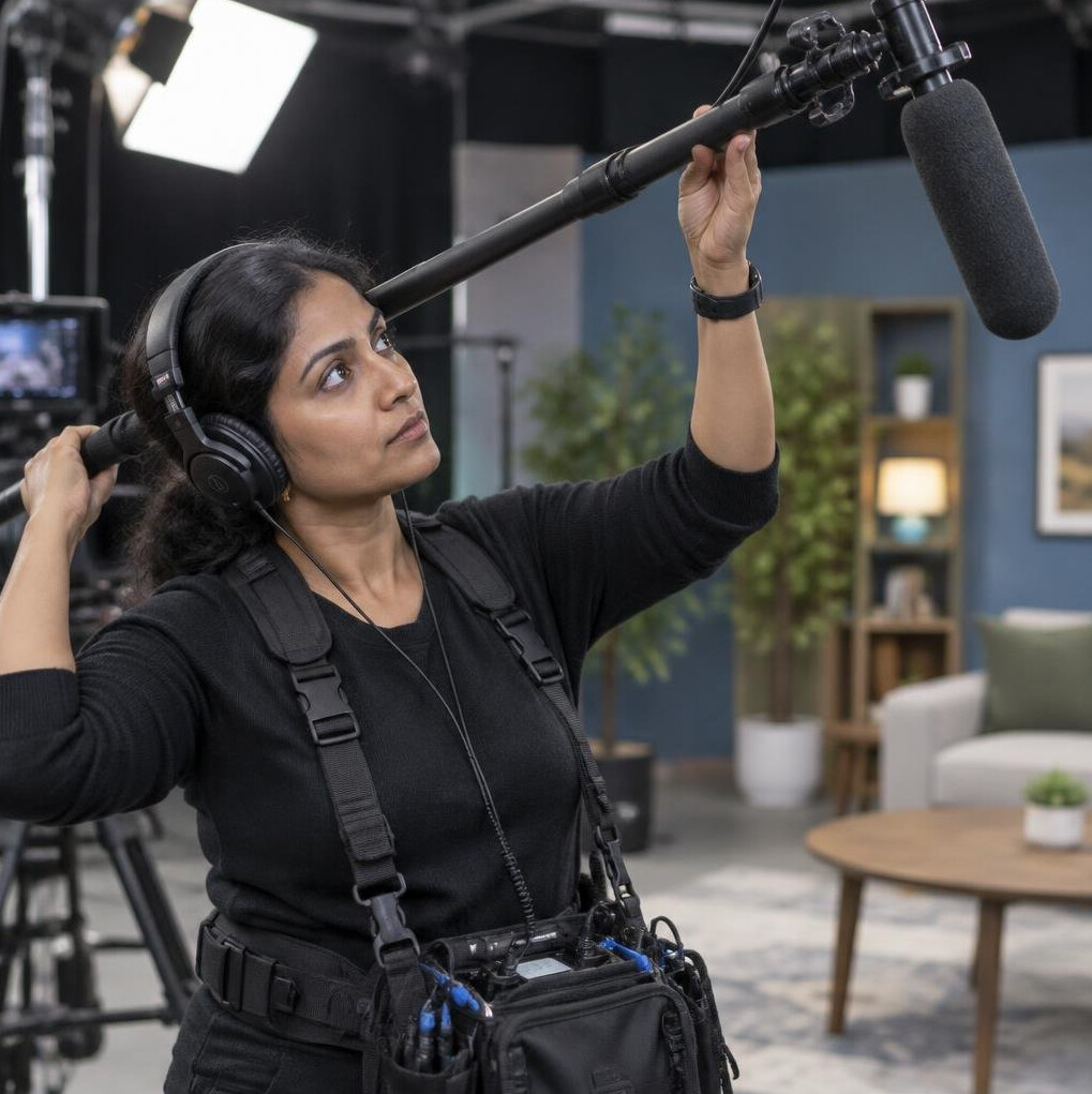 Sound technician adjusting a boom microphone