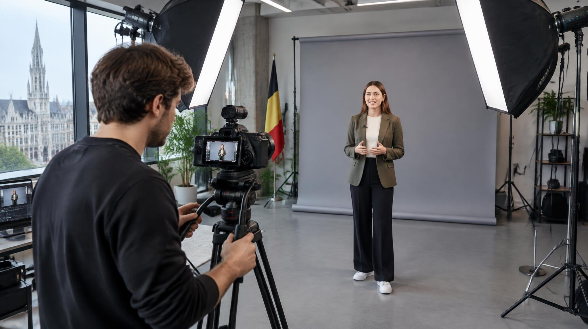 Video production studio with camera on tripod and presenter under softbox lights