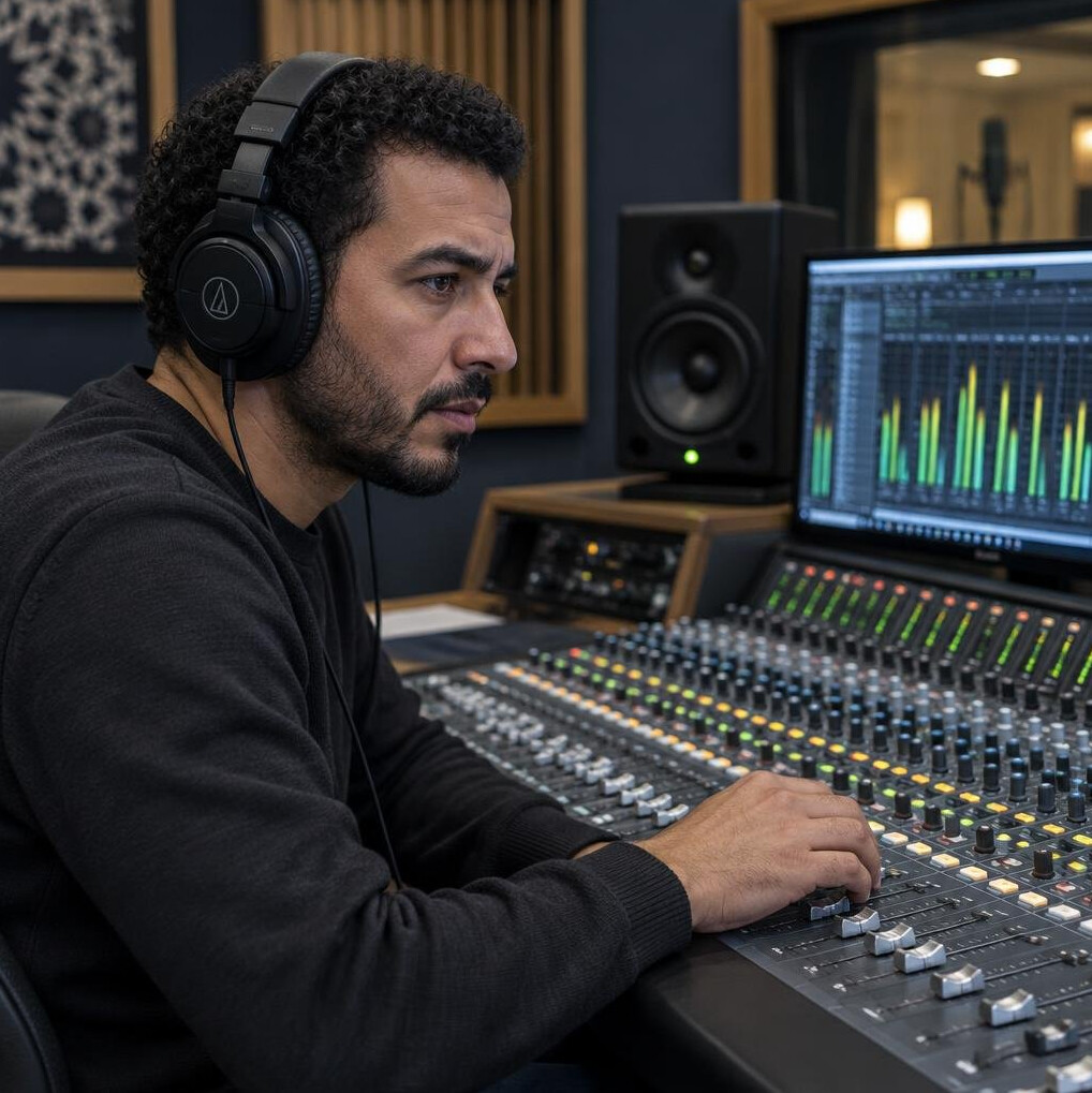 Sound engineer wearing headphones monitoring audio levels