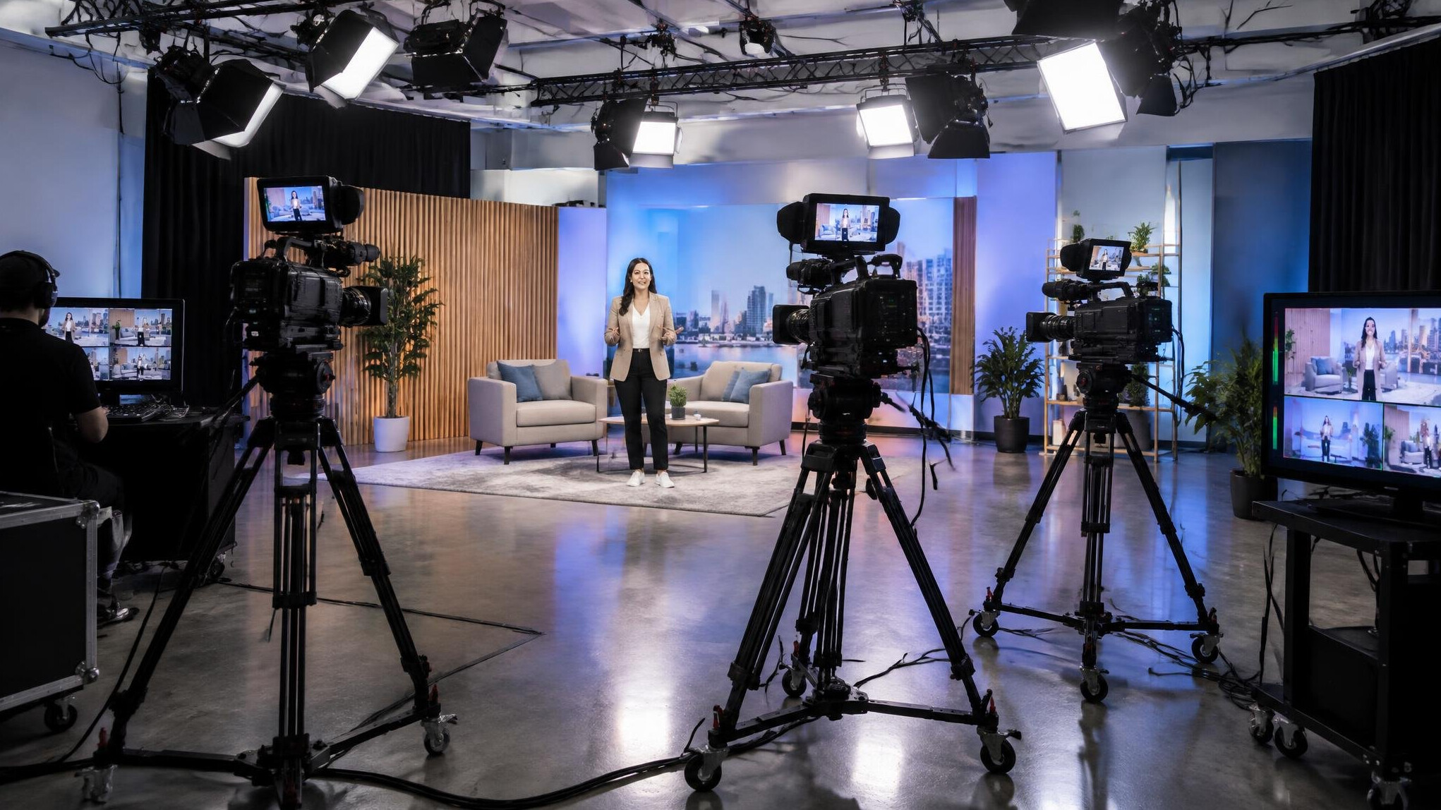 Wide shot of a multi-camera video studio setup