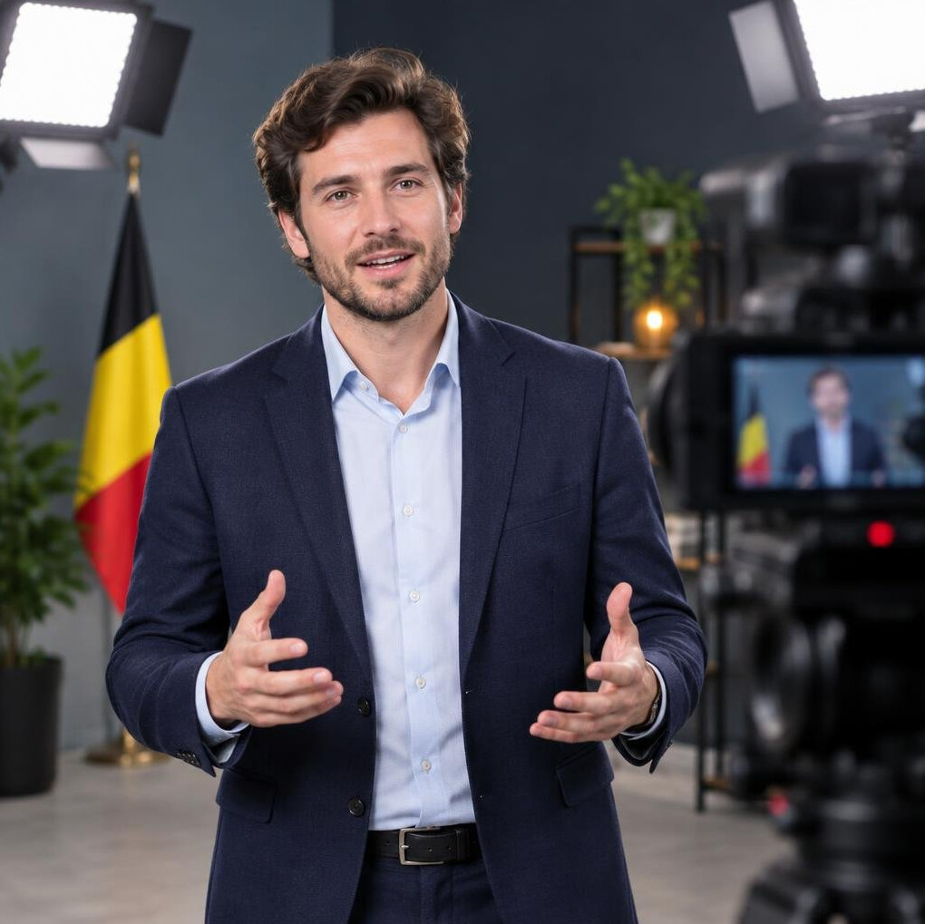 Presenter standing confidently in front of a camera under studio lights
