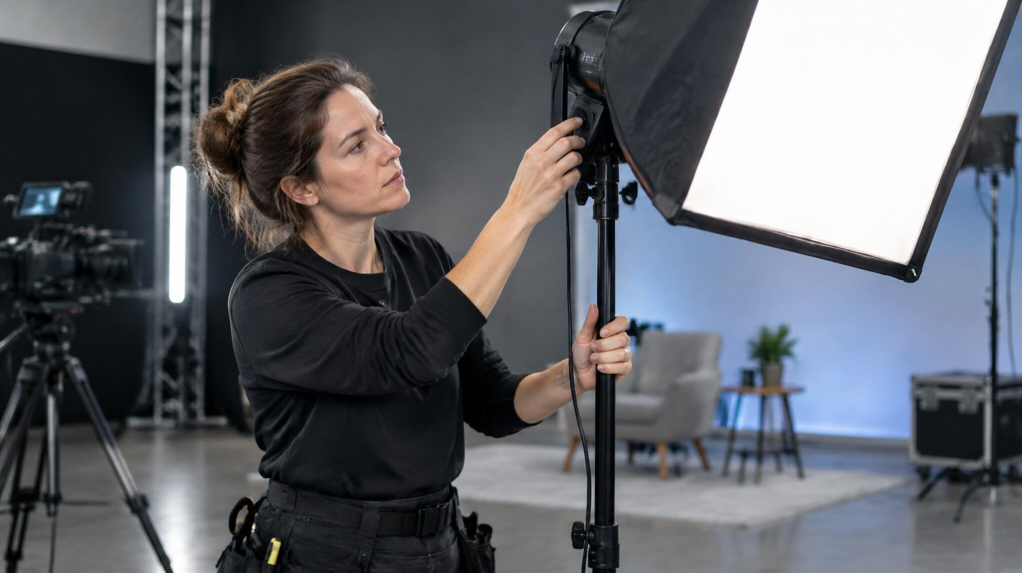 Lighting technician adjusting a softbox light in a studio
