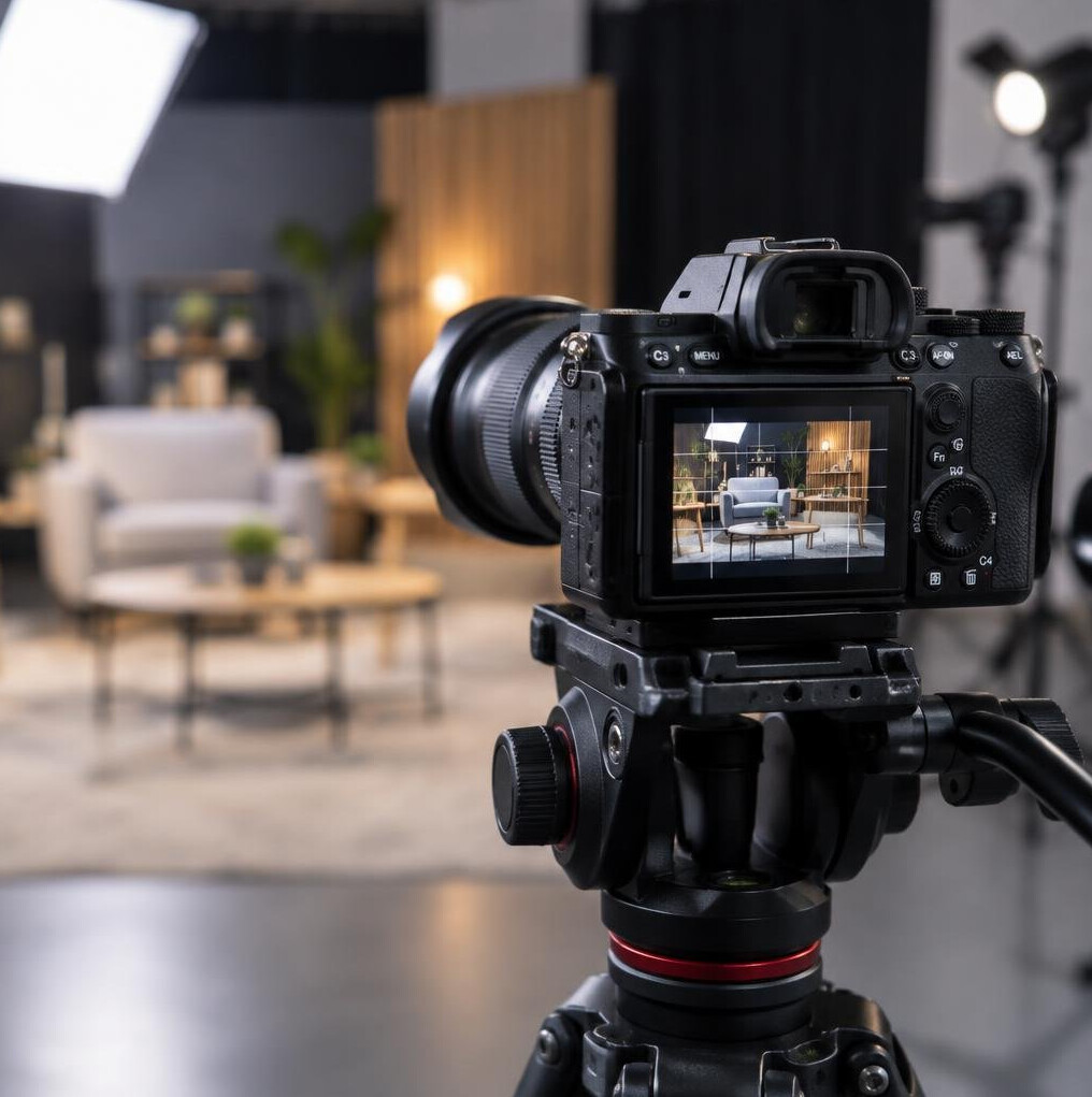 Close-up of a mirrorless camera on a tripod framing a shot