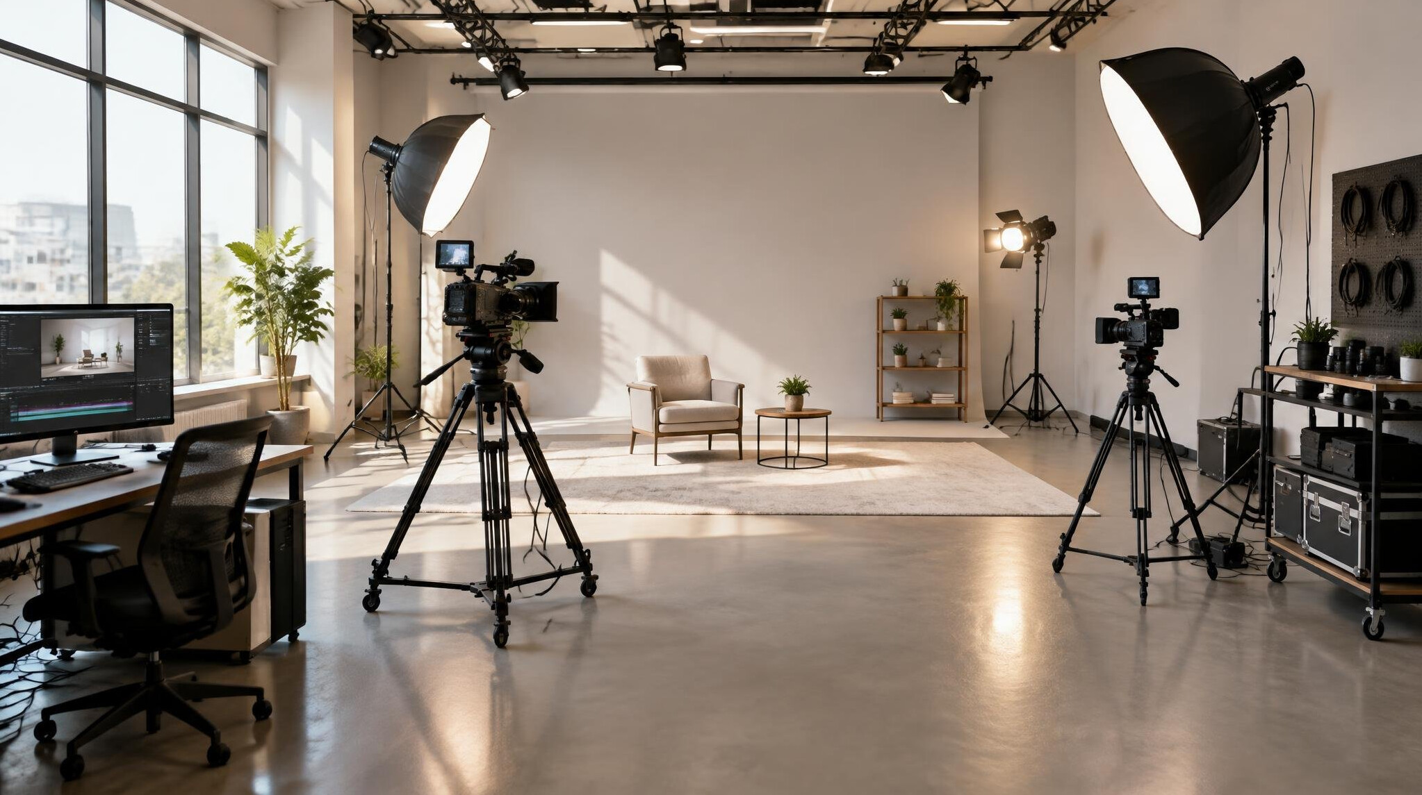Wide shot of an inviting empty video production studio space