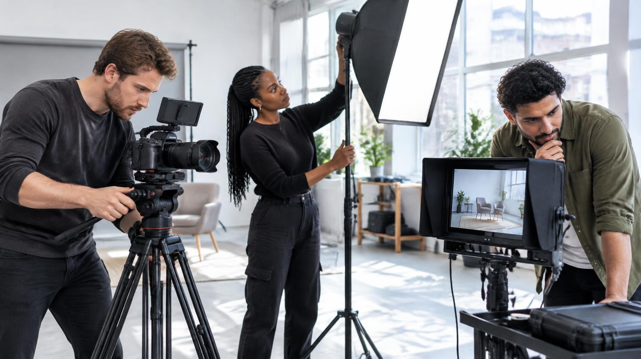 Small crew setting up camera and lights together in a studio