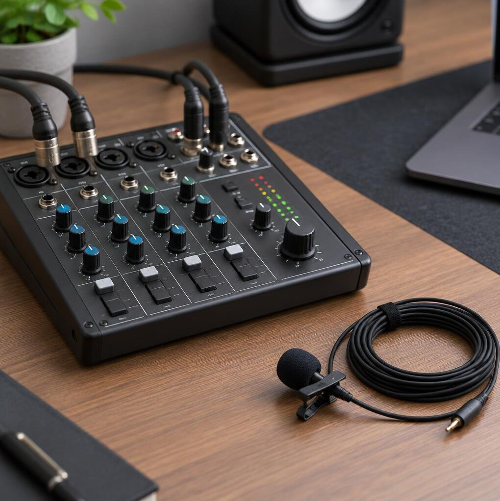 Audio mixer and lavalier microphone on a table