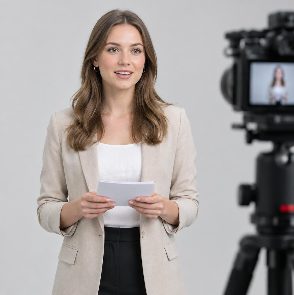 Woman rehearsing on-camera presentation in a studio