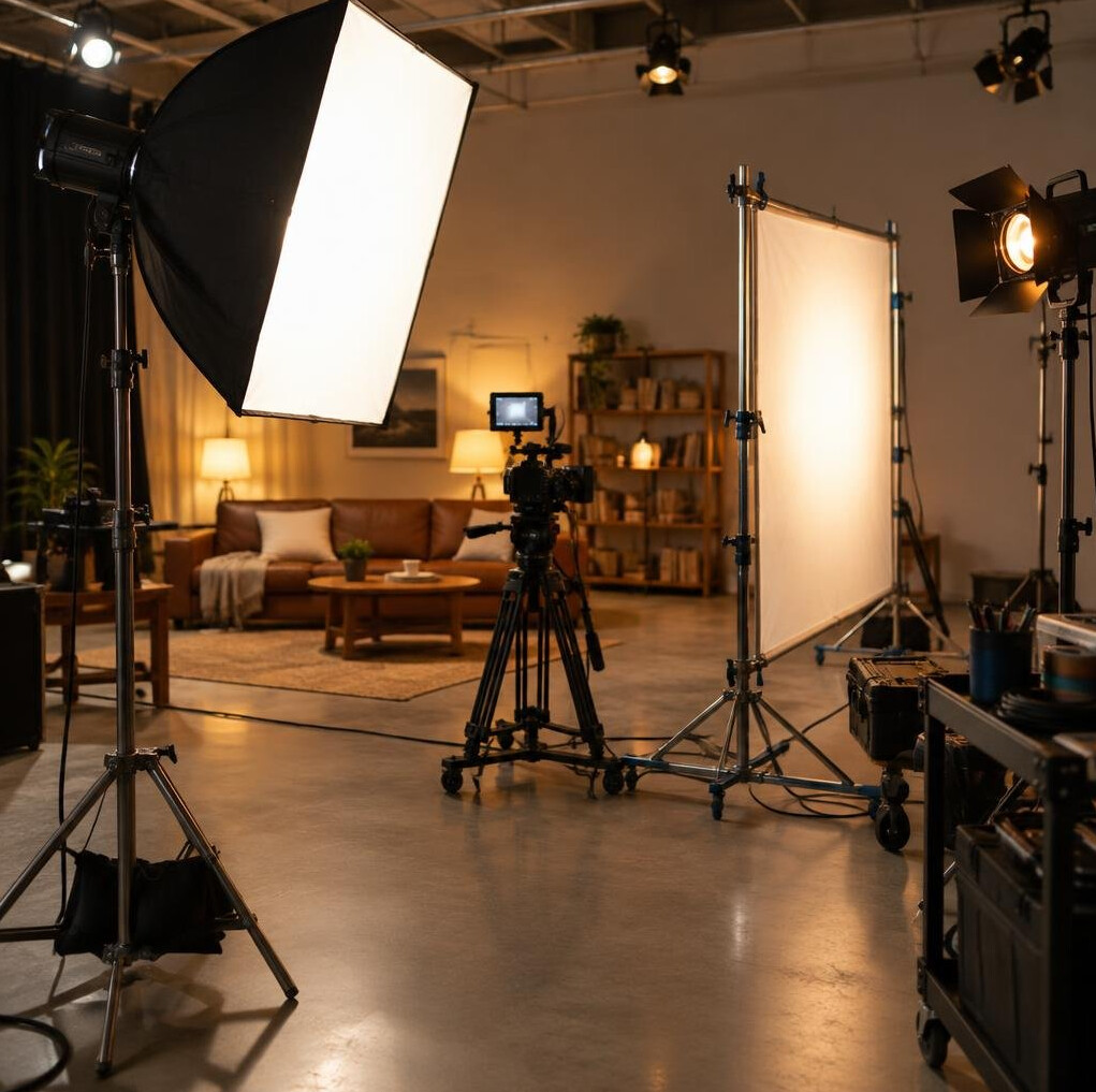 Softbox lighting rig setup in a video studio